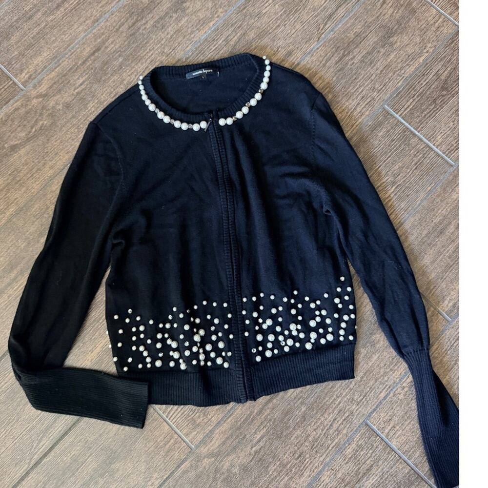 Nanette Lepore Black 100% Wool Pearl Embellished Zip Front Cardigan Sweater L